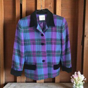 DANCASTER Vintage Purple Plaid Wool Blazer Black Velvet Collar & Cuffs- 10P